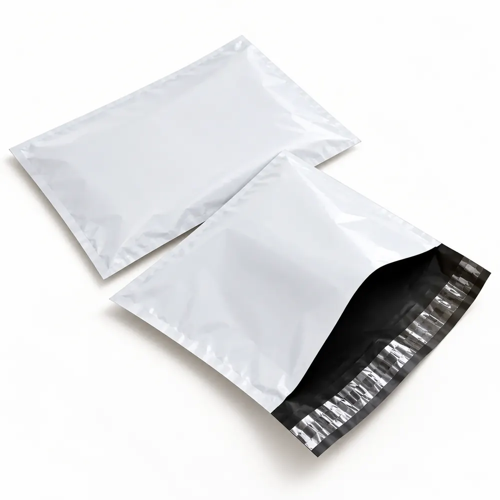 White self-seal courier bags, one open showing the adhesive strip